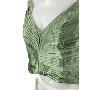 NEW Abercrombie & Fitch Green Silk Satin Pintucked Sleeveless V Neck Crop Top L thumbnail 3