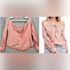Free‎ People Hello There Beautiful Off Shoulder Striped Top Linen Blend thumbnail 2