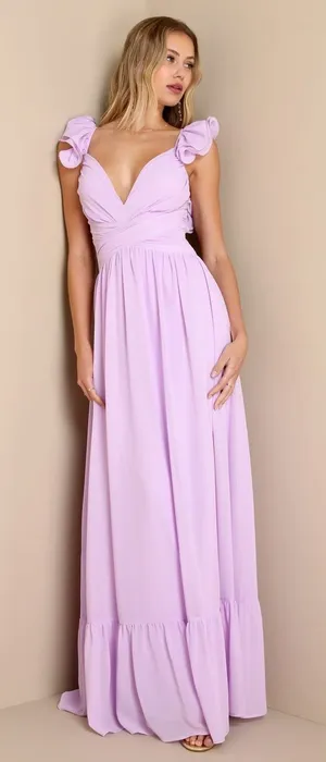 NWT Lulus Soiree Celebration Lilac Ruffled Lace-Up Maxi Dress Wedding Bride Sz S thumbnail 1
