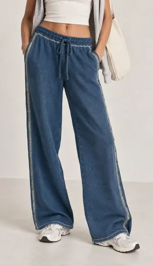 Y2K Blue Wide Leg Pants Women M Drawstring Athleisure Studded Side Stripe Lounge thumbnail 1