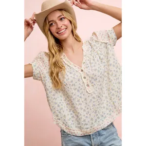 BiBi Floral Crinkle Neckdrop Short Sleeve‎ Blouse Top - Large thumbnail 5