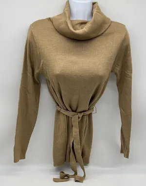 VTG Joyce Women’s Belted Turtleneck Long Sleeve Tan Knit Sweater Acrylic-Size M thumbnail 1