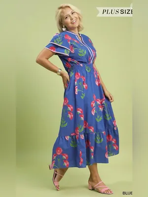 New! Umgee Plus Size Floral Blossom Meadow Print Pedal Sleeve Midi Dress Size 1X thumbnail 3