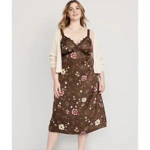 Old Navy Women’sLace-Trimmed Satin Cami Slip Dress M Brown Floral Midi Babydoll thumbnail 4