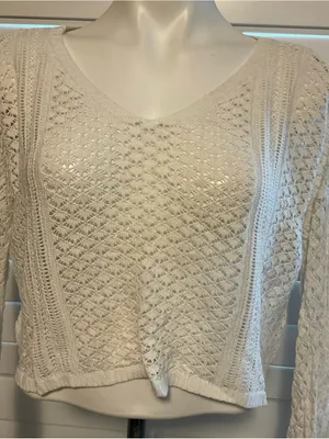Crocheted white Long-Sleeve Cropped Sweater Top thumbnail 2