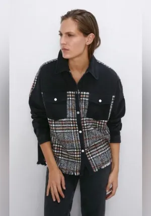 ZARA Contrast Black Denim & Tweed Plaid Mix Snaps Outer Jacket Shaket Size Large thumbnail 6