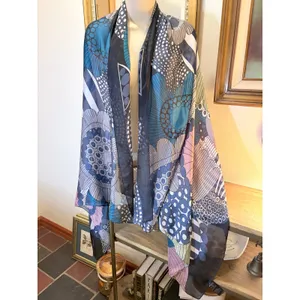Silk Blend Square Scarf Teal Blue Pink Mod Floral Geometric Lightweight thumbnail 2