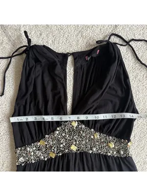 Black Embellished Empire Waist Dress Beaded Tiered Skirt with Tie Straps thumbnail 4
