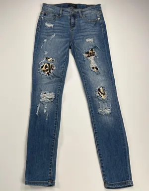 Judy Blue Mid Rise Skinny Fit Distressed Jeans Leopard Insets 8265MD Size 5/27 thumbnail 2