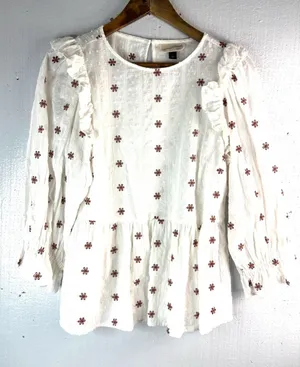 Universal Thread S Embroidered Swiss Dot Cotton Cream Top w Brown Floral thumbnail 1