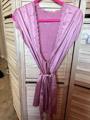 Weekend Essentials Rose Pink Satin Lace-Trim Robe with Self-Tie Waist Medium thumbnail 1