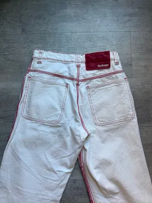 Madhappy Mid Rise Straight Leg 5 Pocket Off-White Jeans Red Stitching Size S thumbnail 7