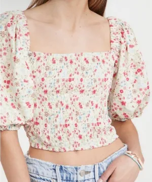 Sokie Collective White Puff Sleeve Greenwich Ditsy Floral Smocked Top Sz M thumbnail 1
