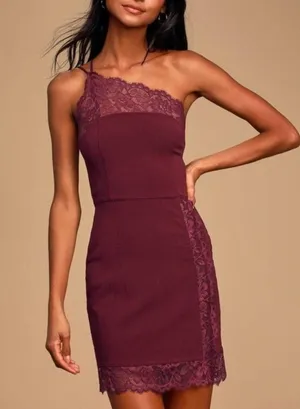 Free People Dress Sexy Lace Trim One Shoulder Bodycon Mini Dress, Size Large thumbnail 1