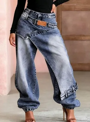 NWT ~ Women's Double Pair High Rise Wide Leg Y2K Baggy Denim Blue Jeans ~ MEDIUM thumbnail 1