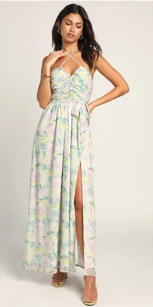 LULU’S Effortlessly Abloom Green Multi Floral Ruched Halter Maxi Dress thumbnail 1