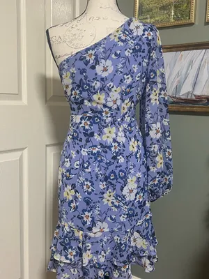 ASTR Floral One Shoulder Periwinkle Ruffle Mini Dress Size Large thumbnail 4