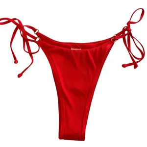 L*Space Red Ribbed Side Tie‎ Bikini Bottoms Gold Ring Hardware Small thumbnail 2
