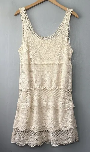 AEO American Eagle Dress Size Medium Cream Crochet Lace Boho Romantic Hippie thumbnail 1