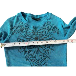 VTG Y2K Athleta Blue Waffle Longer Arm Black Flower Grunge 2000s Top S thumbnail 10