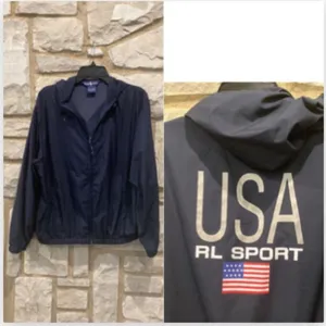 Ralph Lauren Polo USA Blue Zip Up Hoody Spell Out Logo Windbreaker Jacket L thumbnail 3
