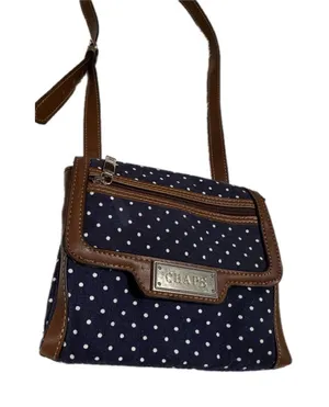 Chaps Navy Blue Polka Dot Crossbody Bag Brown Trim Canvas Small Messenger Purse thumbnail 1