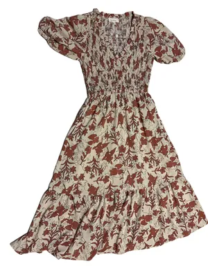 Smocked Floral Midi Dress in Cream with Rust Floral Print thumbnail 1