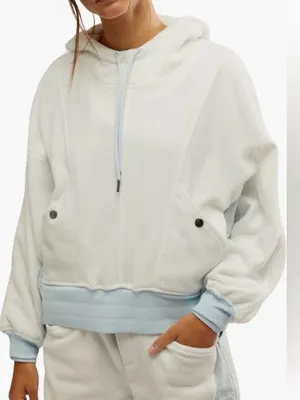 Free People Cream Fleece Hoodie with Light Blue Drawcords thumbnail 13