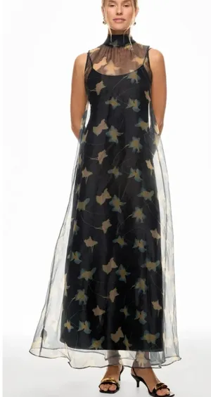STAUD Black Mesh White Design Overlay Mock Neck Bow Tie Back Albee Gown sz Small thumbnail 1