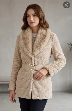 Patrizia Luca Cream Faux Fur Shawl-Collar Belted Jacket 883 thumbnail 1