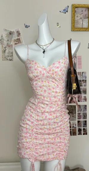 Cotton Candy Pink & Yellow Floral Ruched Spaghetti-Strap Mini Dress thumbnail 1