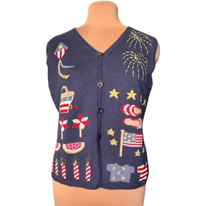 Vintage Patriotic Americana‎ Sweater Vest Fireworks Sailboats USA Flag Nautical thumbnail 3