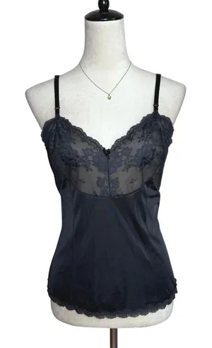 Vintage Black Lace Trim Camisole Floral Mesh Bodice Adjustable Straps Lingerie thumbnail 1