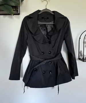Sandro Studio Gray Ruffle Neck Double Breasted Short Trench Coat Size Small thumbnail 1