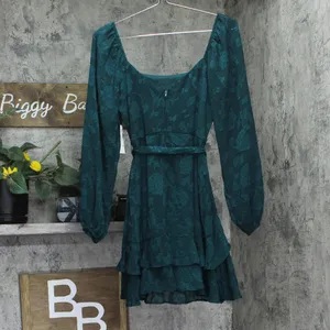 NWT Trixxi Tie-Waist Ruffled Jacquard Dress Belted 26EB4278FI Hunter Green S thumbnail 6