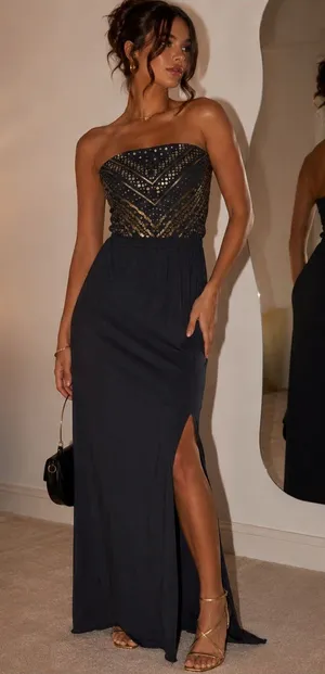 Express Strapless Black Evening Dress with Gold Beaded Bodice thumbnail 1