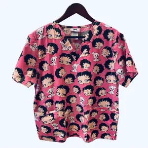 Retro Betty Boop Scrub Nursing Top Medical Pink Cartoon M Scrubs Nurse thumbnail 1