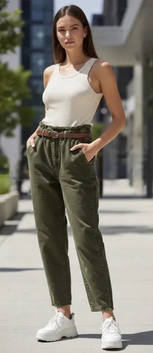 Zara Olive Green Paperbag Waist Jeans Size 4 EUC!! thumbnail 1