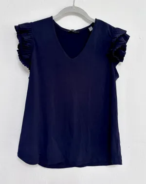 Women's Tahari Navy Ruffle Sleeve V-Neck Tee Size S thumbnail 1