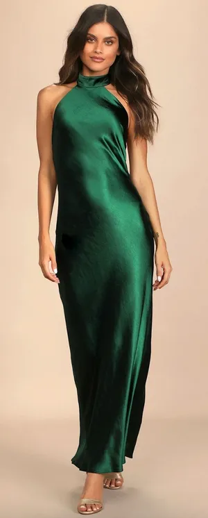 Lulus Love in Your Life Emerald Green Satin Halter Maxi Dress Formal Large NWT thumbnail 1