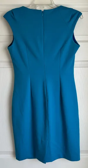 Calvin Klein‎ Side Ruched Horseshoe Neck Sz 8P TEAL Sleeveless Sheath Dress thumbnail 3