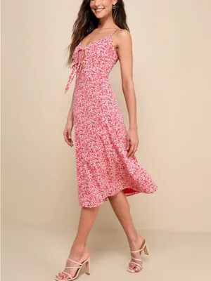 NWT Lulus Intricate Sweetness Red Floral Tie Front Sleeveless Midi Dress Size L thumbnail 14