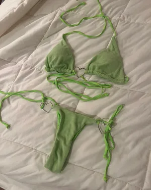 Neon Green Towel Cloth Material Silver Heart Tie String Cheeky Two Piece Bikini thumbnail 1