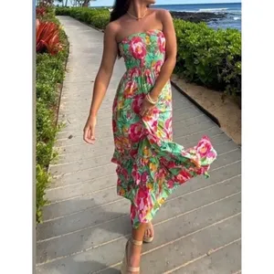 Abel The Label Floral Tiered Strapless Smocked Mimosa Maxi Dress Pink Size Large thumbnail 3