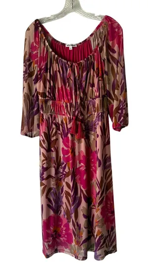 Kathy Ireland Floral Boho Midi Dress Pink Purple Tassel‎ Tie Waist Size L Resort thumbnail 1