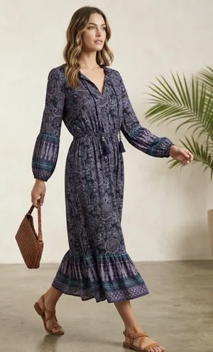 FRYE & Co. Women's Boho Paisley Tassel Tie Maxi Dress Long Sleeve Size XS thumbnail 1