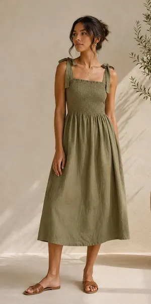 NEW Aritzia Wilfred Women’s Golden Hour Smocked Organic Linen Midi Dress thumbnail 1