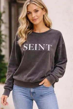 SEINT Womens Cropped‎ Acid Wash Charcoal Gray Crewneck Sweatshirt Comfort Size M thumbnail 1