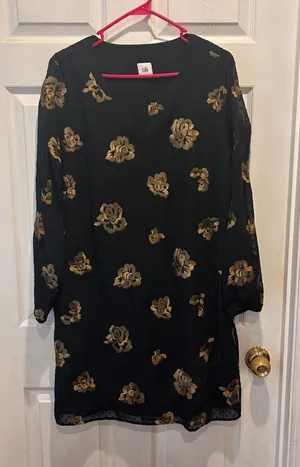 Cabi 3697 Black Gold Floral Embroidered Swiss Dot Shift Dress Womens Large‎ Rose thumbnail 1