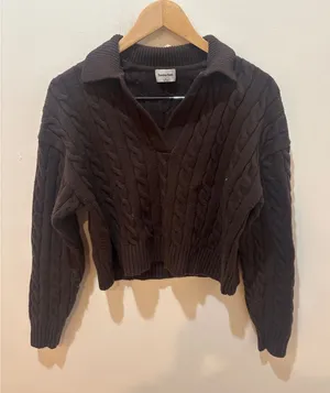 Sunday‎ Best Aritzia Brown Merino Wool Cable Knit Polo Sweater Cropped Small thumbnail 1